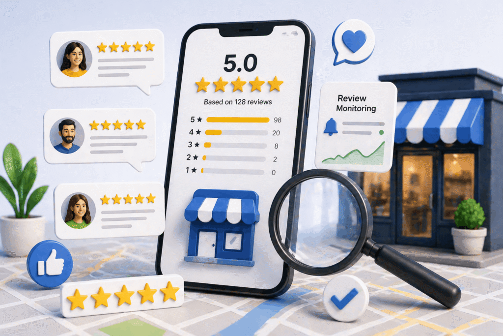 star ratings, customer feedback icons, and a magnifying glass representing review management