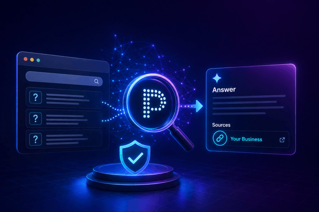 Perplexity optimisation concept showing AI search citing trusted sources