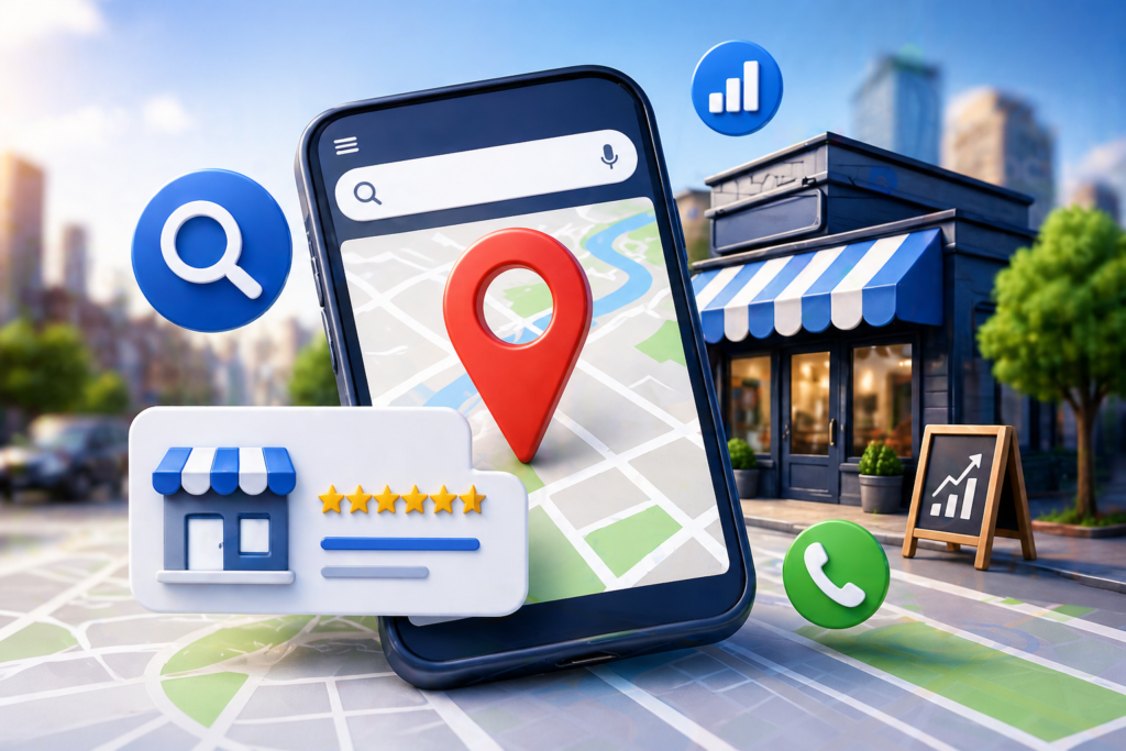 Local SEO concept illustration showing a smartphone with map and location pin