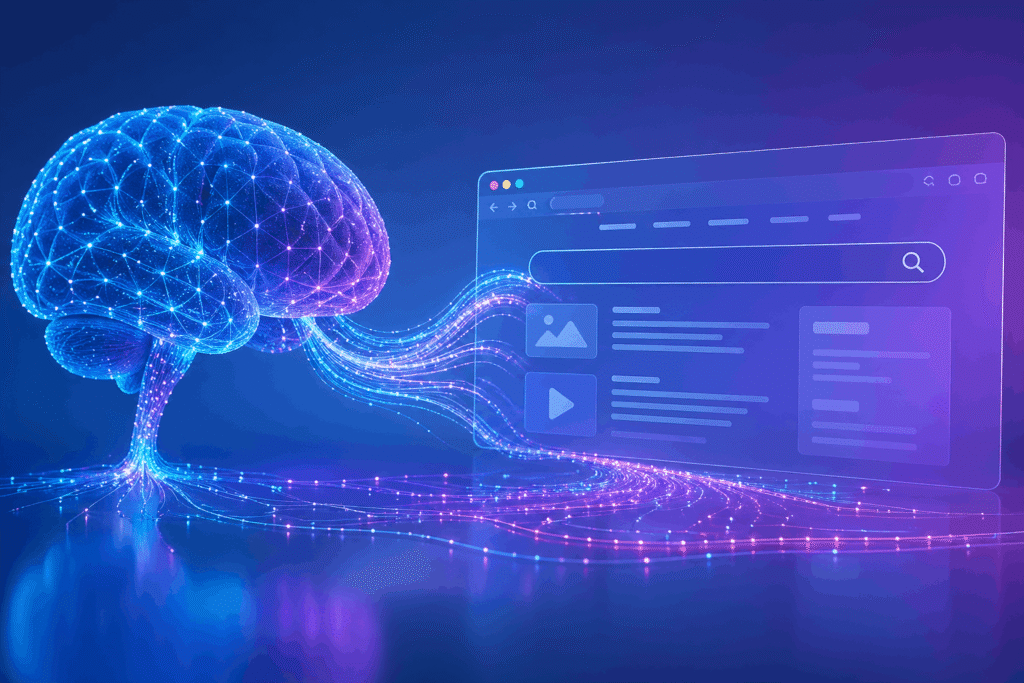 LLM SEO services concept with futuristic AI brain connected to search interface