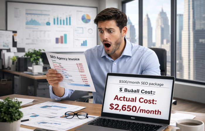 Frustrated businessman in a New York office looking at an SEO agency invoice with hidden charges