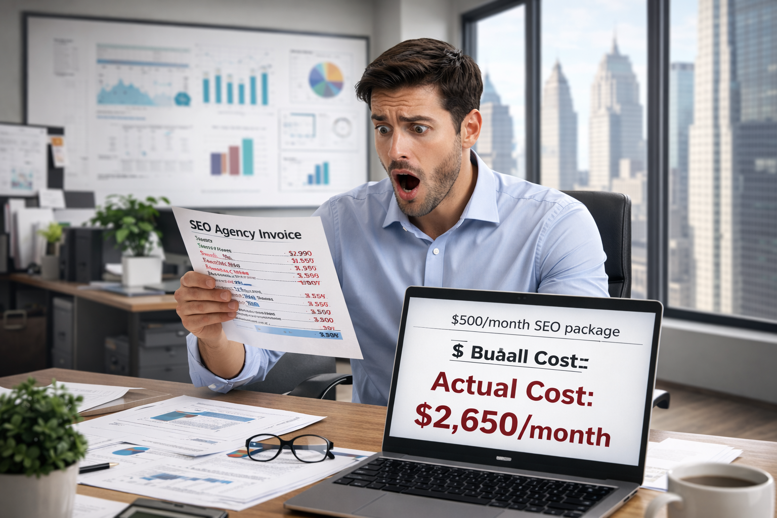 Frustrated businessman in a New York office looking at an SEO agency invoice with hidden charges