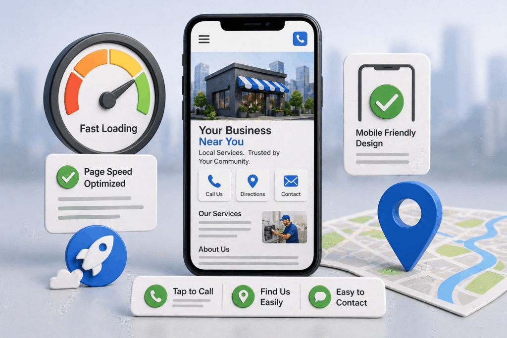 mobile interface elements representing mobile optimization and fast, user-friendly design