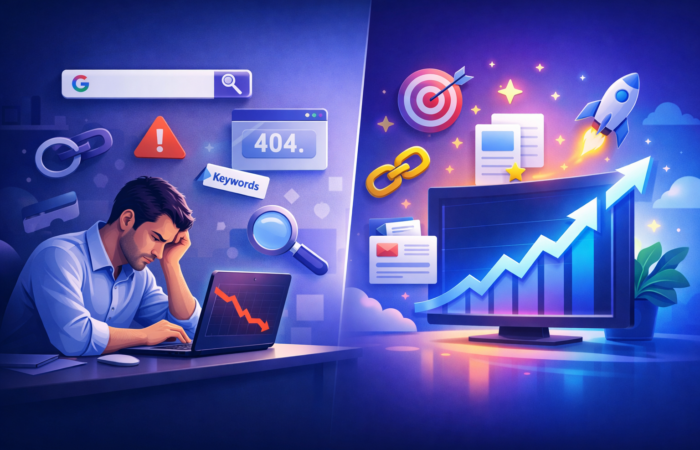 US business SEO ranking issues illustration showing low website traffic