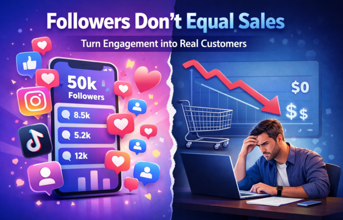 Social media followers don’t equal sales illustration showing high engagement but zero conversions