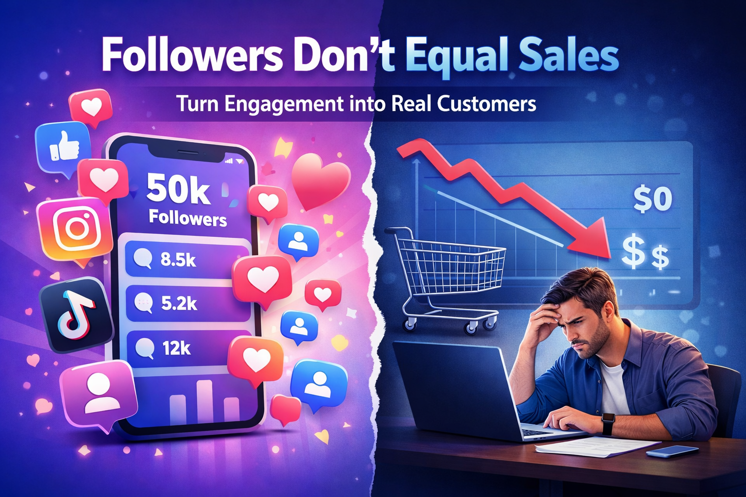Social media followers don’t equal sales illustration showing high engagement but zero conversions