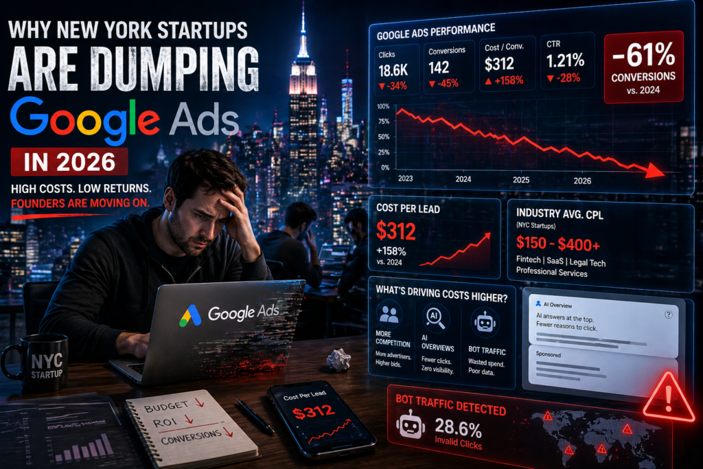 NYC startup founder analyzing declining Google Ads performance with high cost per lead