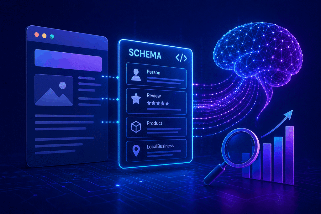 Schema and structured data concept with glowing AI network
