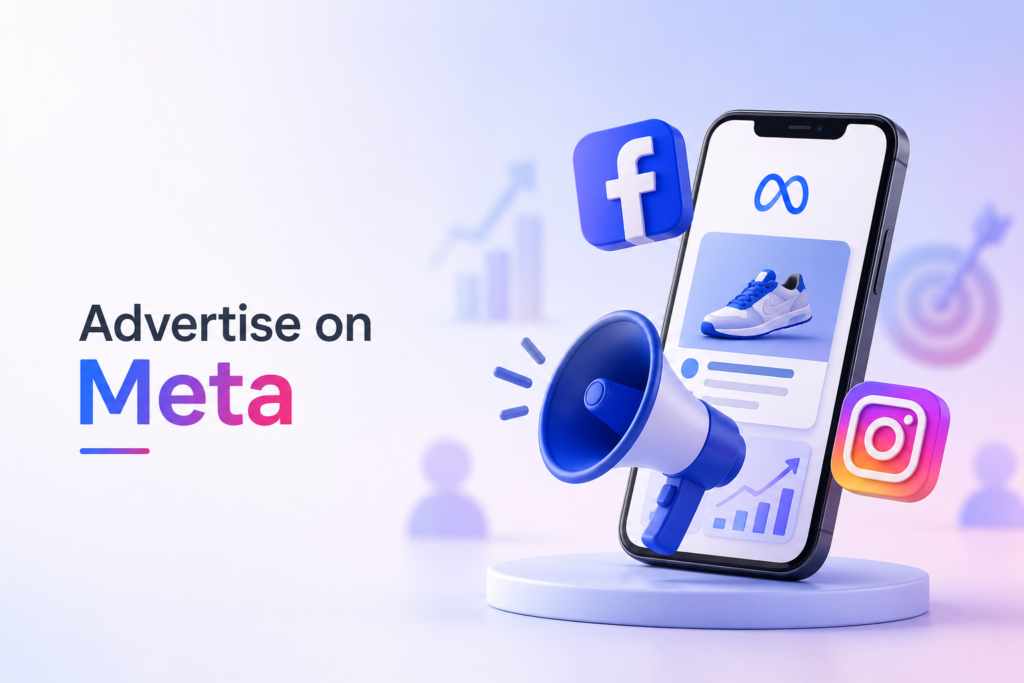 Minimal Meta advertising banner with smartphone, Facebook and Instagram icons, and 3D marketing elements.