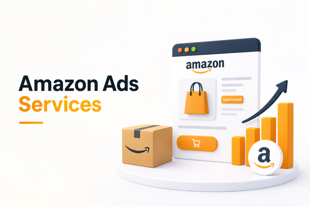 Minimal Amazon Ads banner with eCommerce product display and sales growth elements.