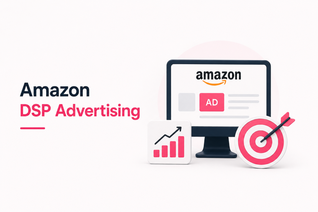 Minimal Amazon DSP advertising banner with audience targeting and growth visuals.