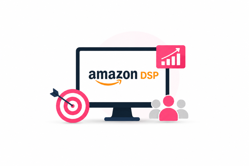 Minimal Amazon DSP advertising banner with targeting and digital marketing visuals.