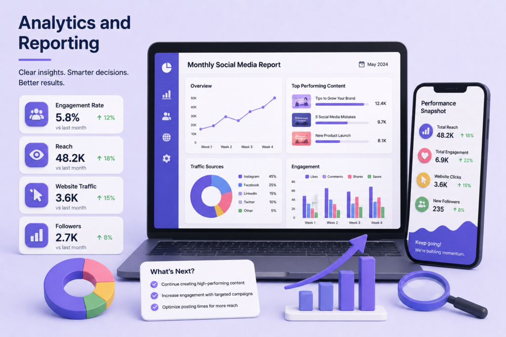 3D illustration of social media analytics dashboard with reports, charts, engagement metrics, and growth tracking.