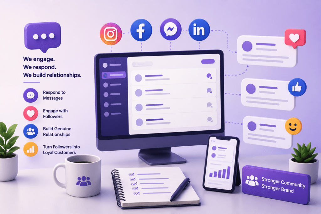 Community management illustration with social media engagement, live chat support, audience interaction, and customer relationship visuals.