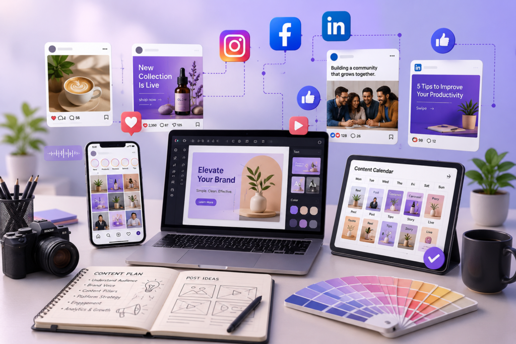 Content creation and social media design workspace with branding visuals, content calendar, creative tools, and engagement graphics.