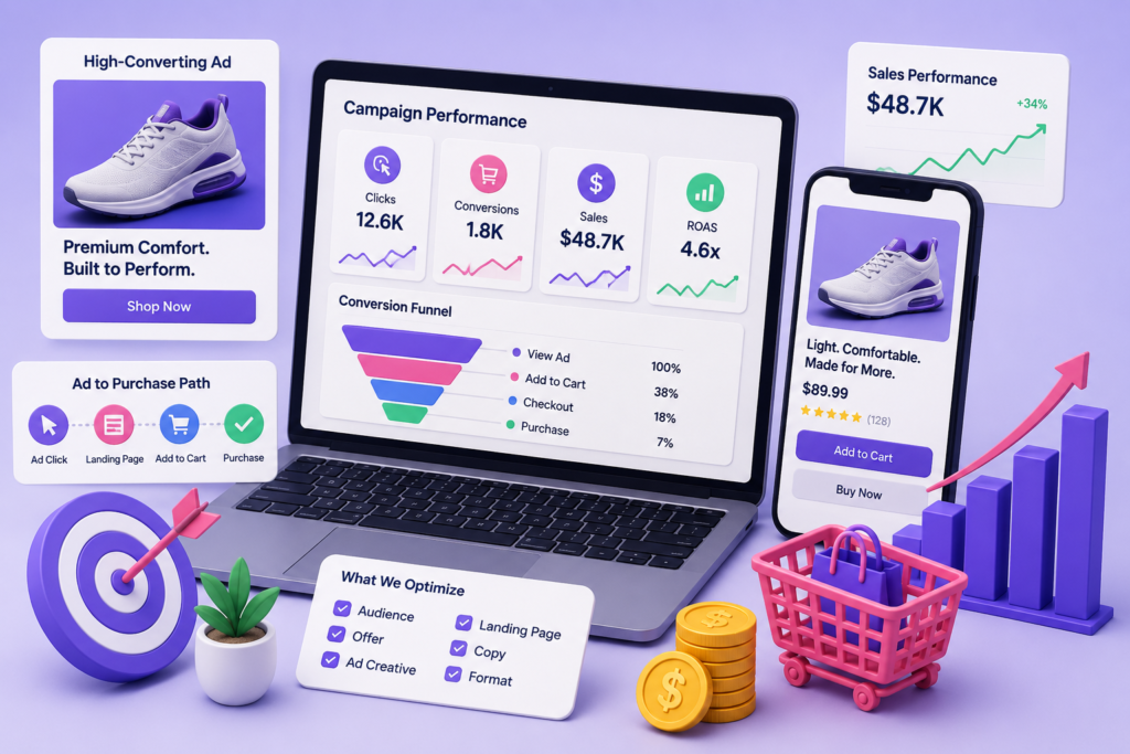 Conversion and sales ads illustration with ecommerce marketing dashboard, conversion funnel, ROAS analytics, and sales growth visuals.