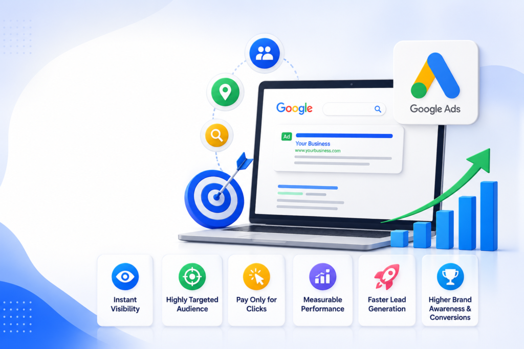 Google Ads benefits illustration with marketing growth visuals.