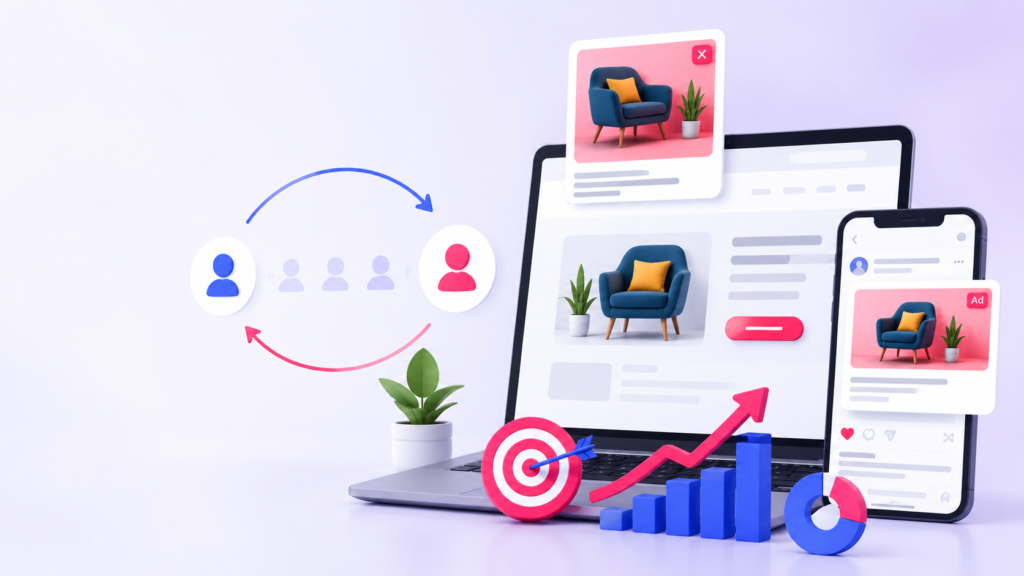 Remarketing campaign illustration with retargeting analytics.