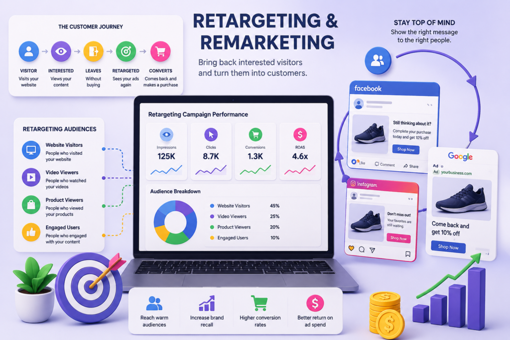 Retargeting and remarketing illustration with audience segmentation, ad tracking, conversion analytics, and remarketing campaign visuals.