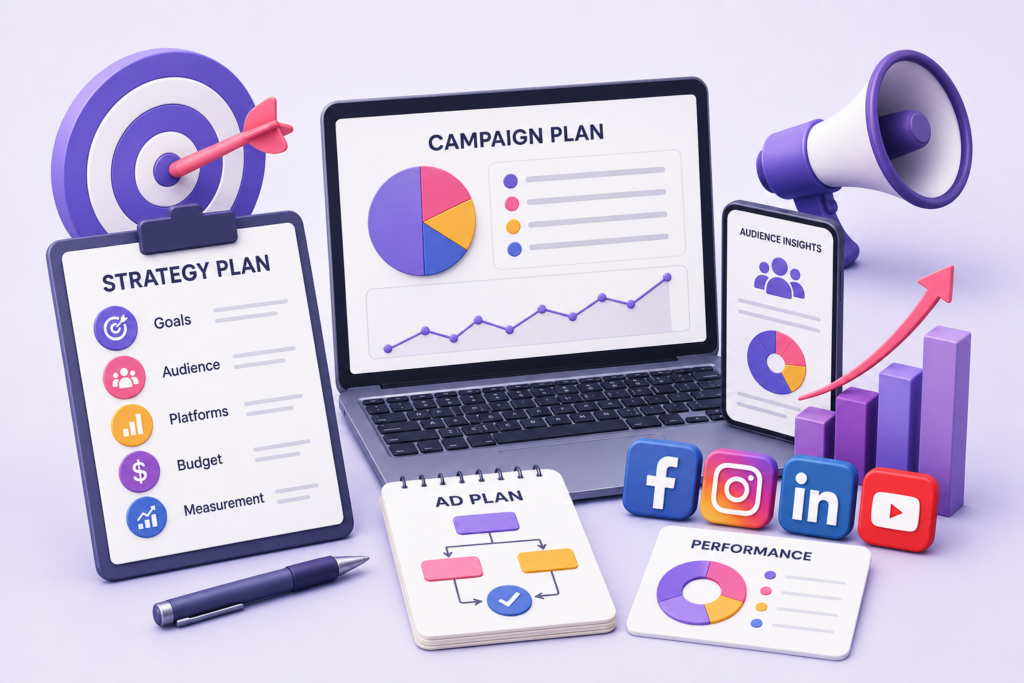Ad strategy and planning illustration with campaign dashboards, audience targeting, analytics charts, and social media marketing visuals.