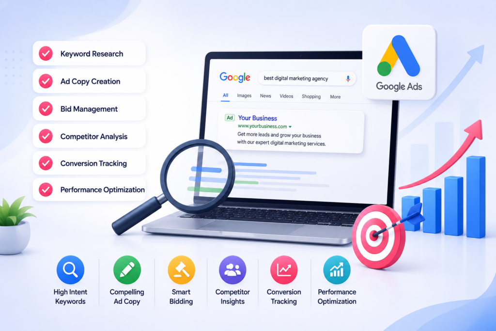 Google Ads search marketing illustration with analytics.