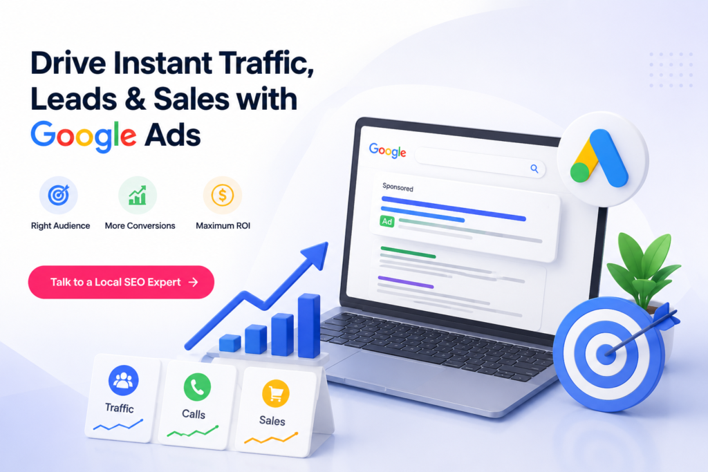 Google Ads marketing illustration with analytics dashboard.