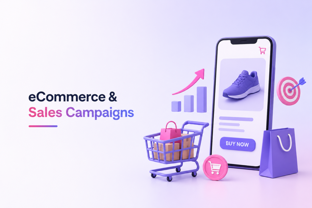 Minimal eCommerce sales banner with shopping cart, smartphone, and growth elements.