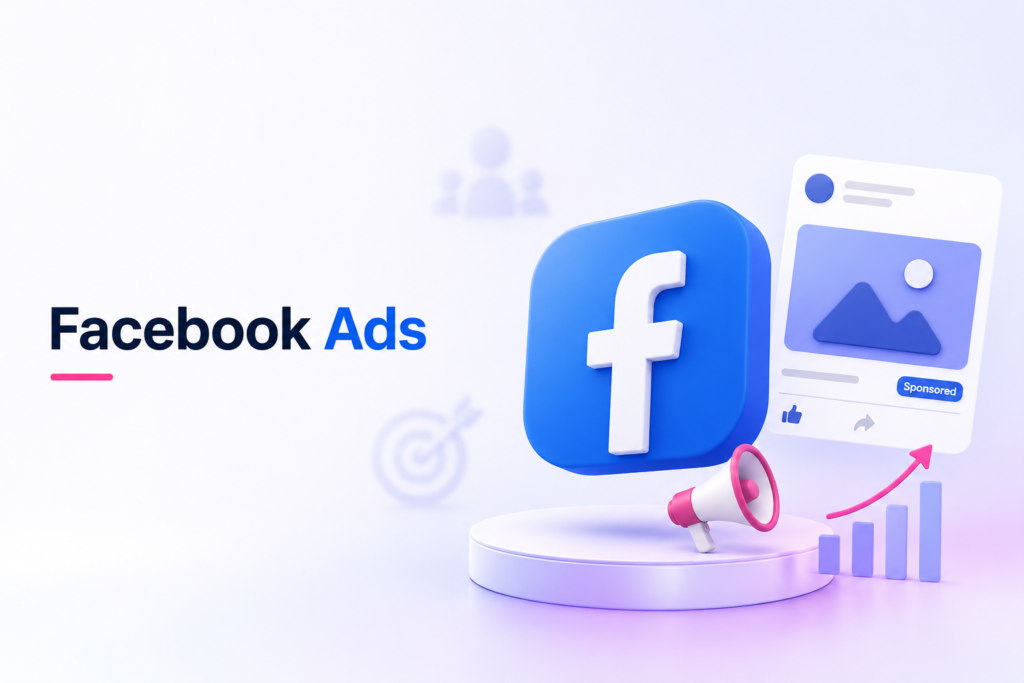 Minimal Facebook Ads banner with 3D Facebook icon and digital marketing elements.