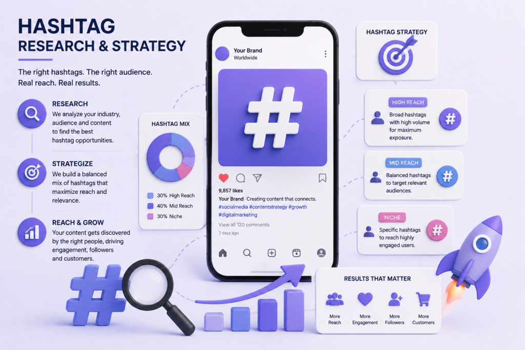 3D illustration of hashtag research strategy with smartphone, analytics, hashtags, and audience growth icons.