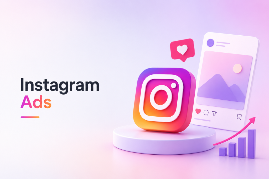 Minimal Instagram Ads banner with 3D Instagram icon and social media growth elements.