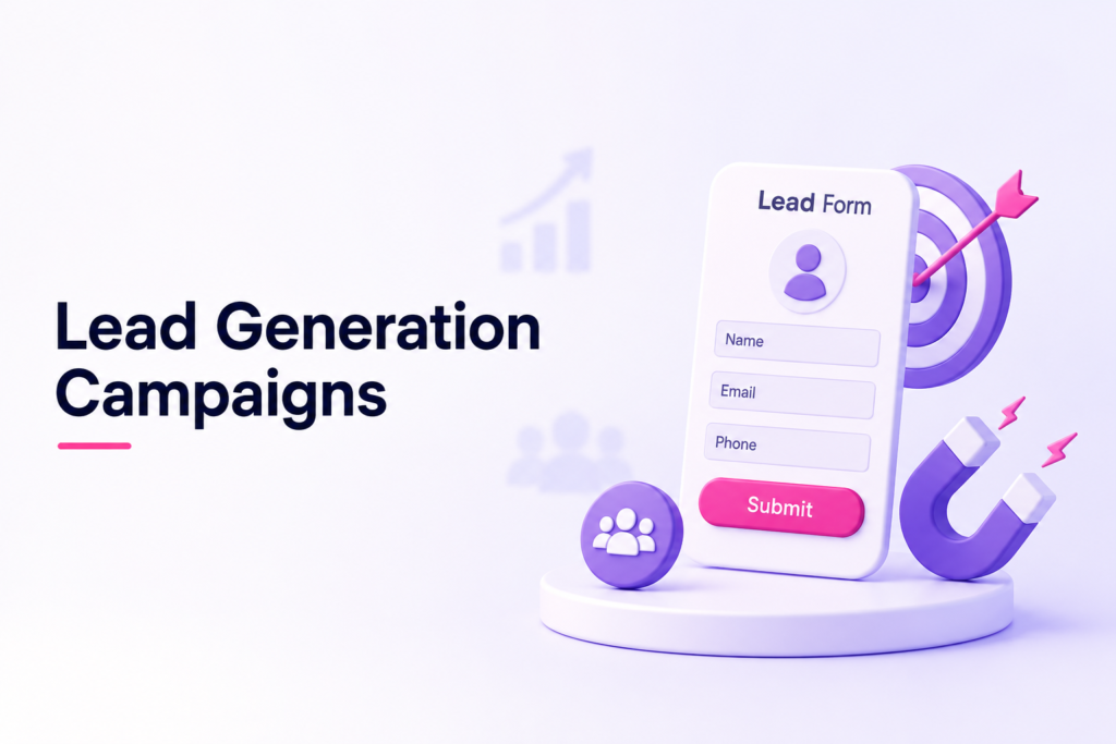 Minimal lead generation banner with 3D lead form and marketing icons.