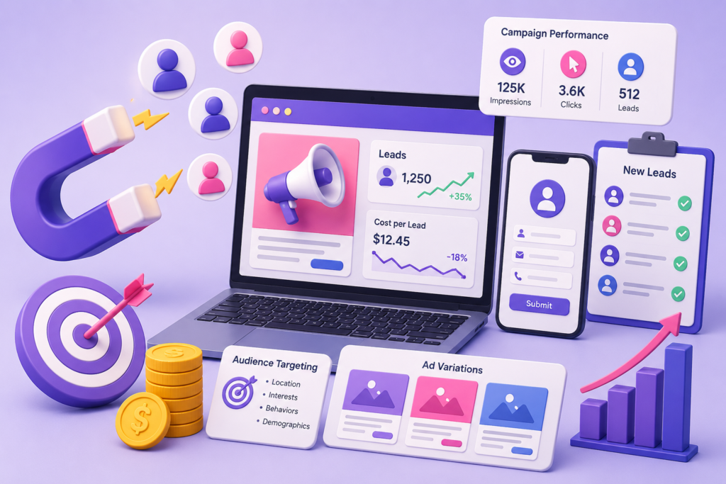 Lead generation ads illustration with audience targeting, campaign analytics, conversion tracking, and business growth visuals.