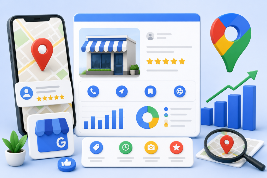 Google Business Profile SEO illustration with local search optimization, map ranking, customer reviews, analytics dashboard, and business listing visuals.