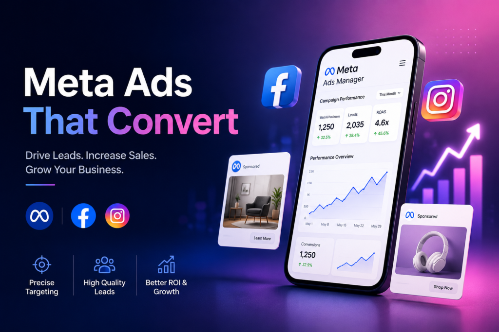 High-quality Meta Ads marketing banner featuring smartphone analytics dashboard, Facebook and Instagram icons, and business growth visuals.