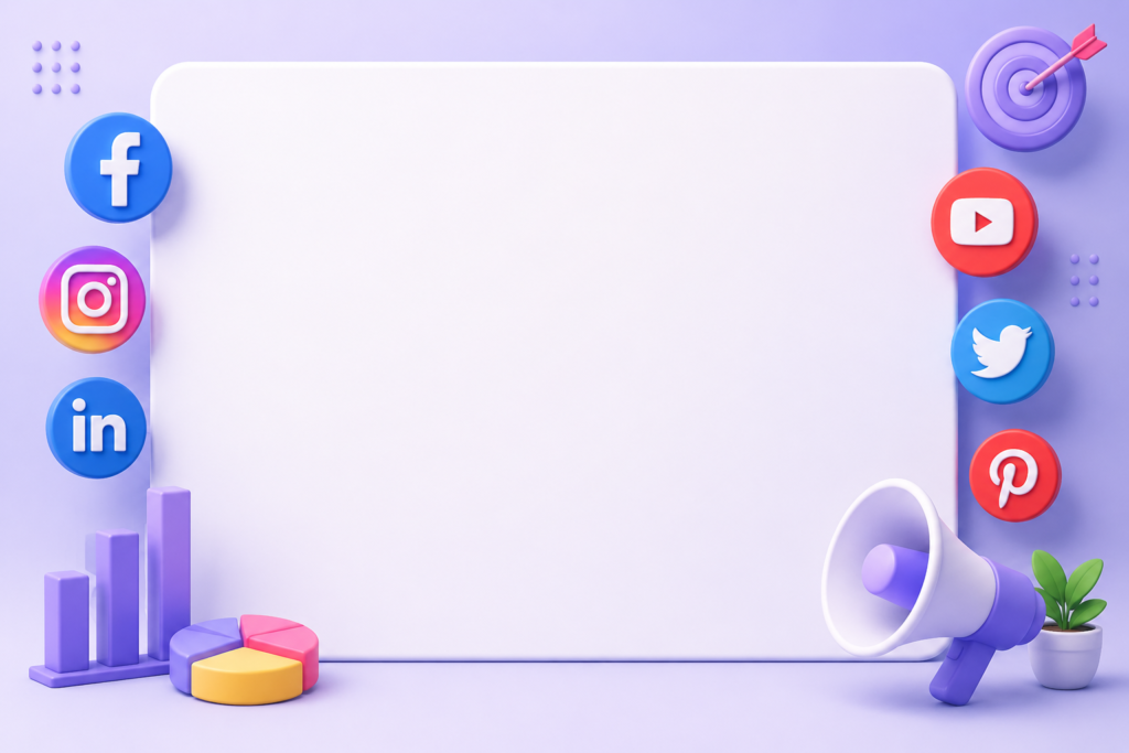Social media advertising platforms illustration with Facebook, Instagram, LinkedIn, YouTube, Twitter, and Pinterest marketing visuals.