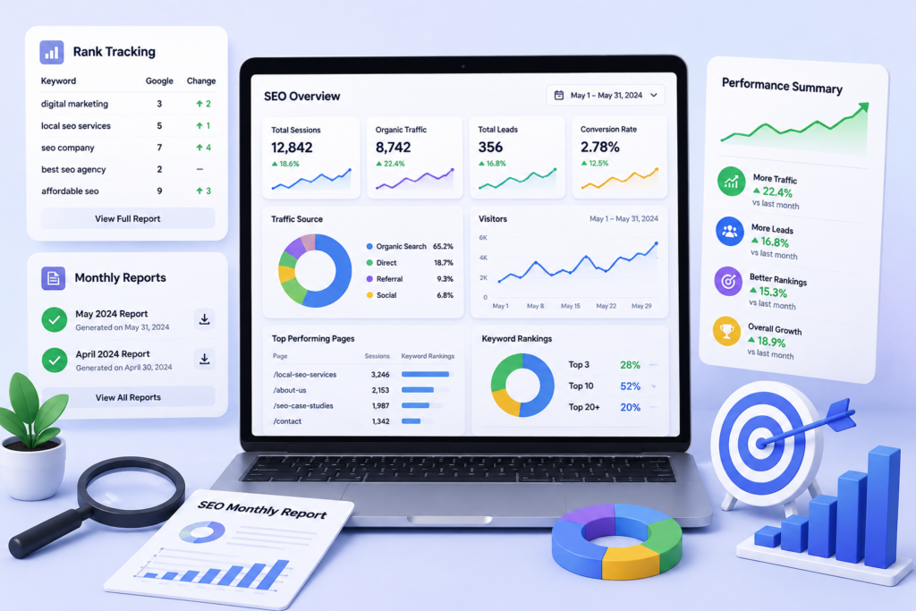 Analytics and reporting illustration with SEO dashboard, rank tracking, monthly reports, traffic analytics, and performance growth visuals.