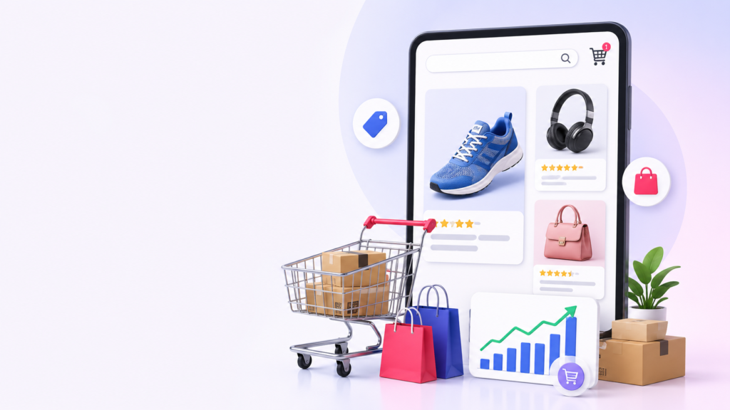 Shopping ads illustration with eCommerce products and analytics.