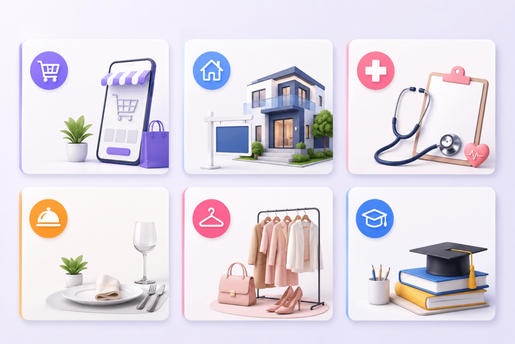 Industries we serve illustration featuring ecommerce, real estate, healthcare, hospitality, fashion, and education business visuals.