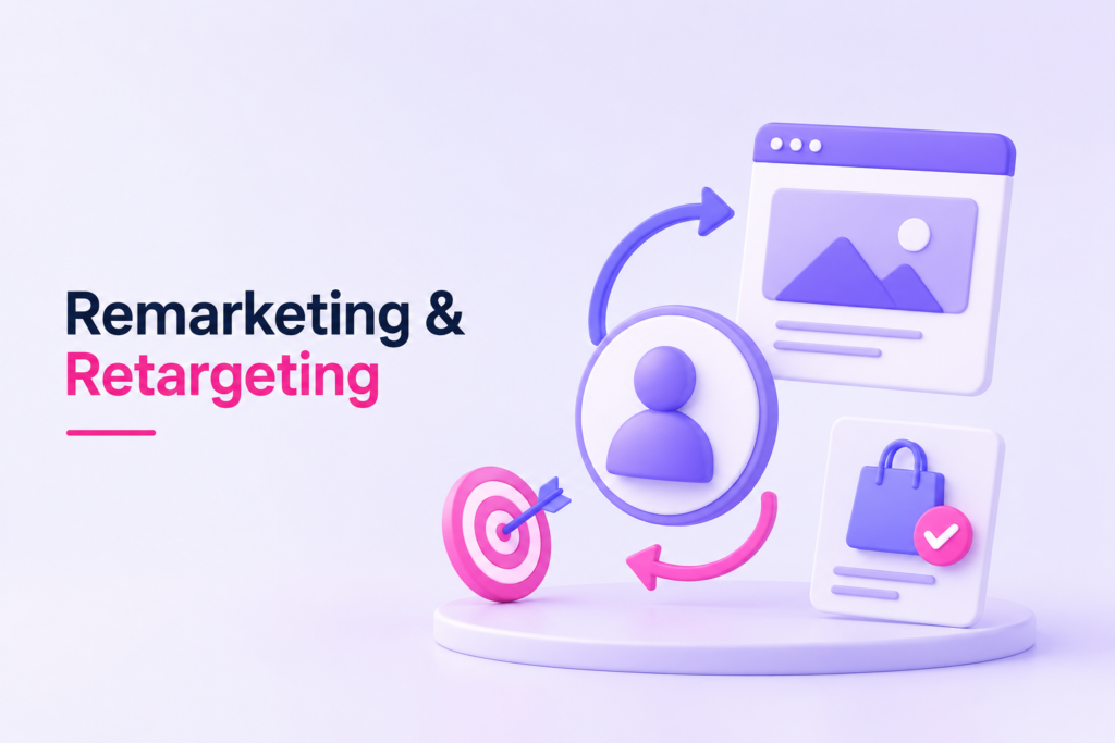 Minimal remarketing banner with retargeting icons and customer engagement visuals.
