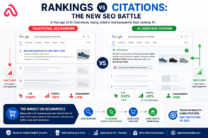 Rankings vs citations SEO comparison showing AI Overview driving higher clicks