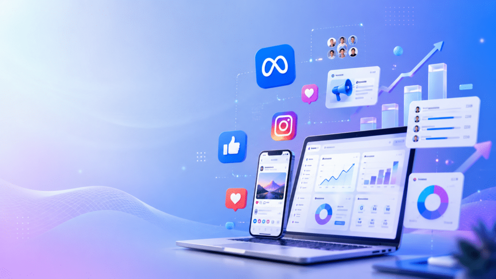 Premium social media advertising services banner featuring analytics dashboards, mobile ad campaigns, audience targeting, Meta and Instagram ads, and business growth visuals in a modern 3D digital marketing workspace.