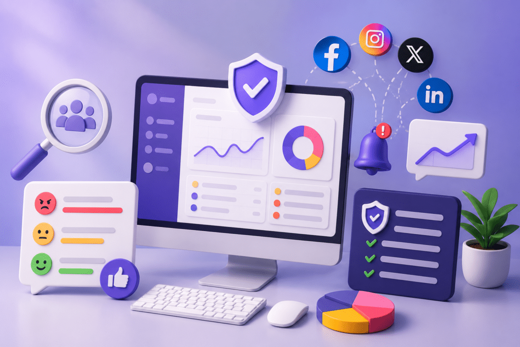 Reputation and brand monitoring illustration with analytics dashboard, review tracking, social media monitoring, and brand protection visuals.