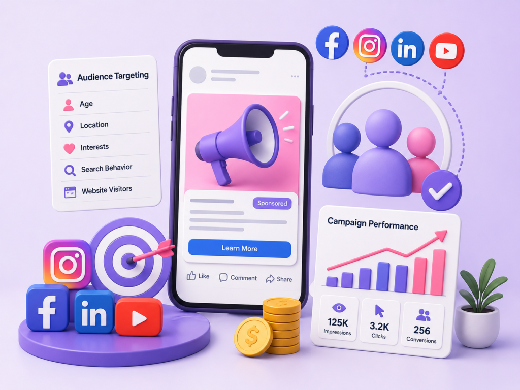 Social media advertising illustration with audience targeting, paid ad campaigns, analytics dashboard, and performance marketing visuals.