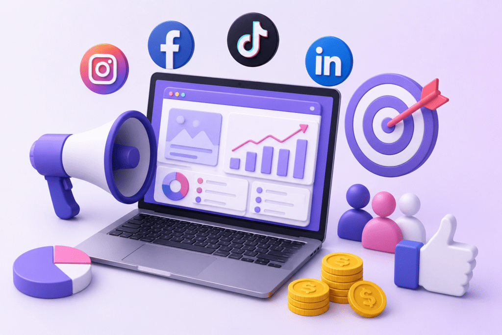 Social media advertising services illustration with paid ads analytics, audience targeting, campaign management, and business growth visuals.