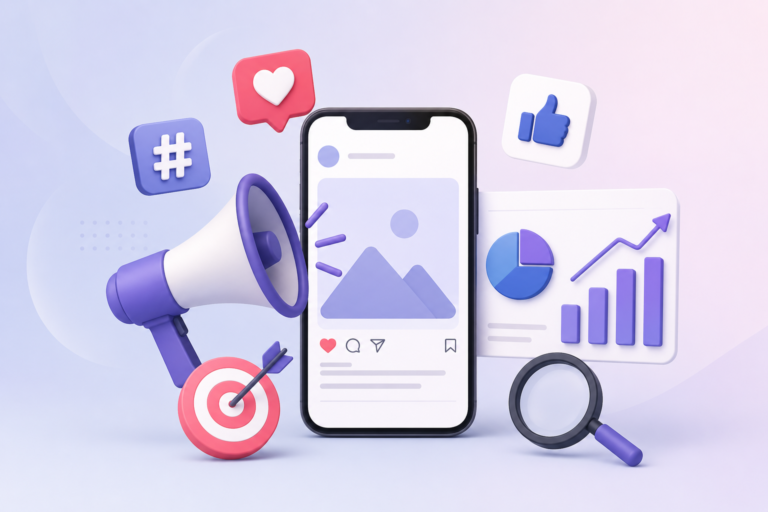 3D social media optimisation illustration with smartphone and marketing icons.
