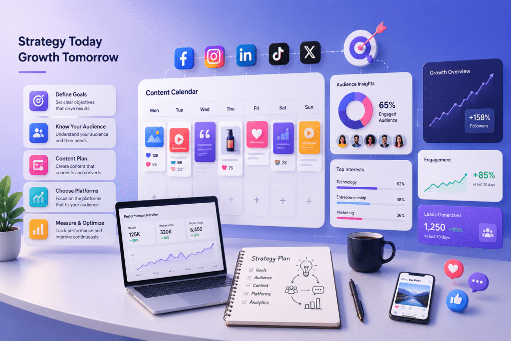 Social media strategy and planning illustration with content calendar, audience targeting, analytics dashboard, and business growth visuals.