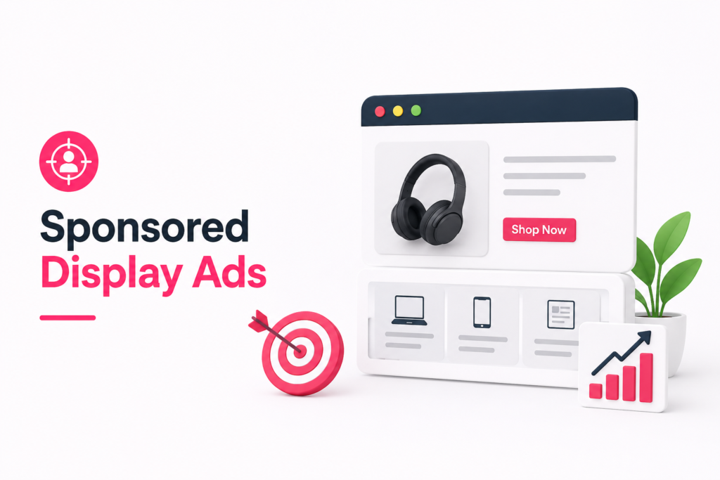 Minimal sponsored display ads banner with retargeting and digital marketing elements.