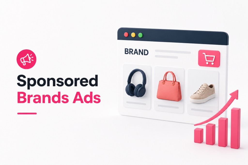 Minimal sponsored brands ads banner with product showcase and brand growth visuals.