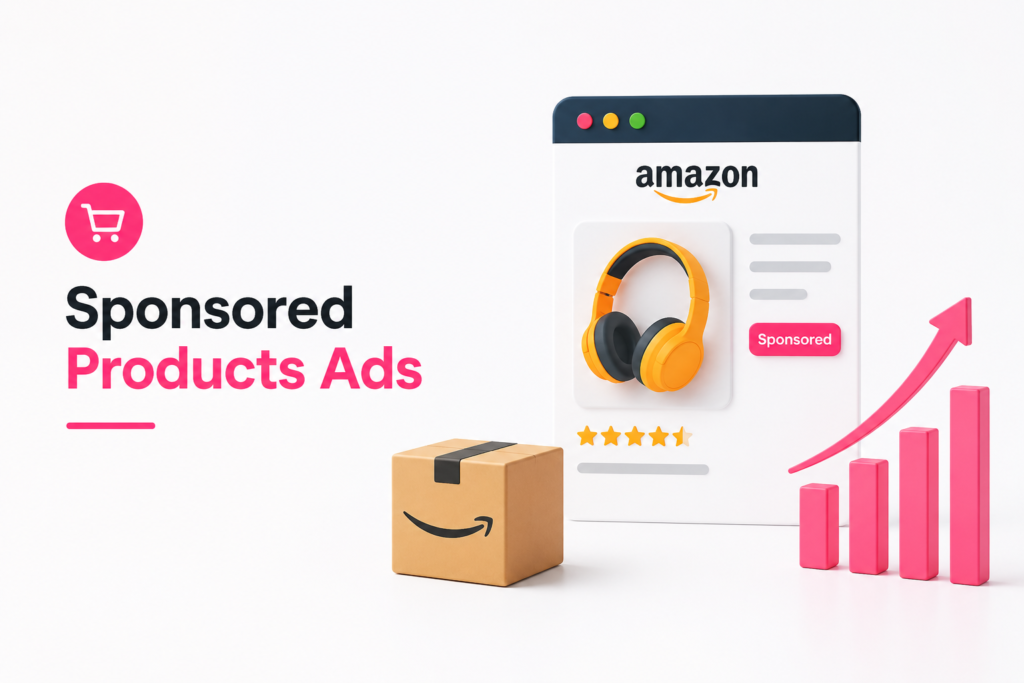 Minimal sponsored product ads banner with Amazon product display and sales growth chart.