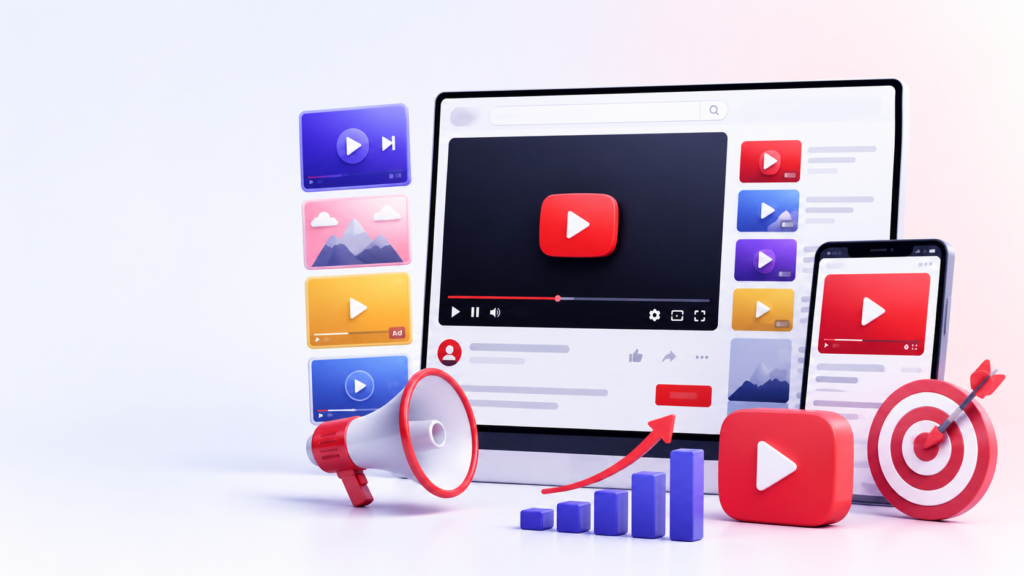 YouTube video advertising illustration with analytics.